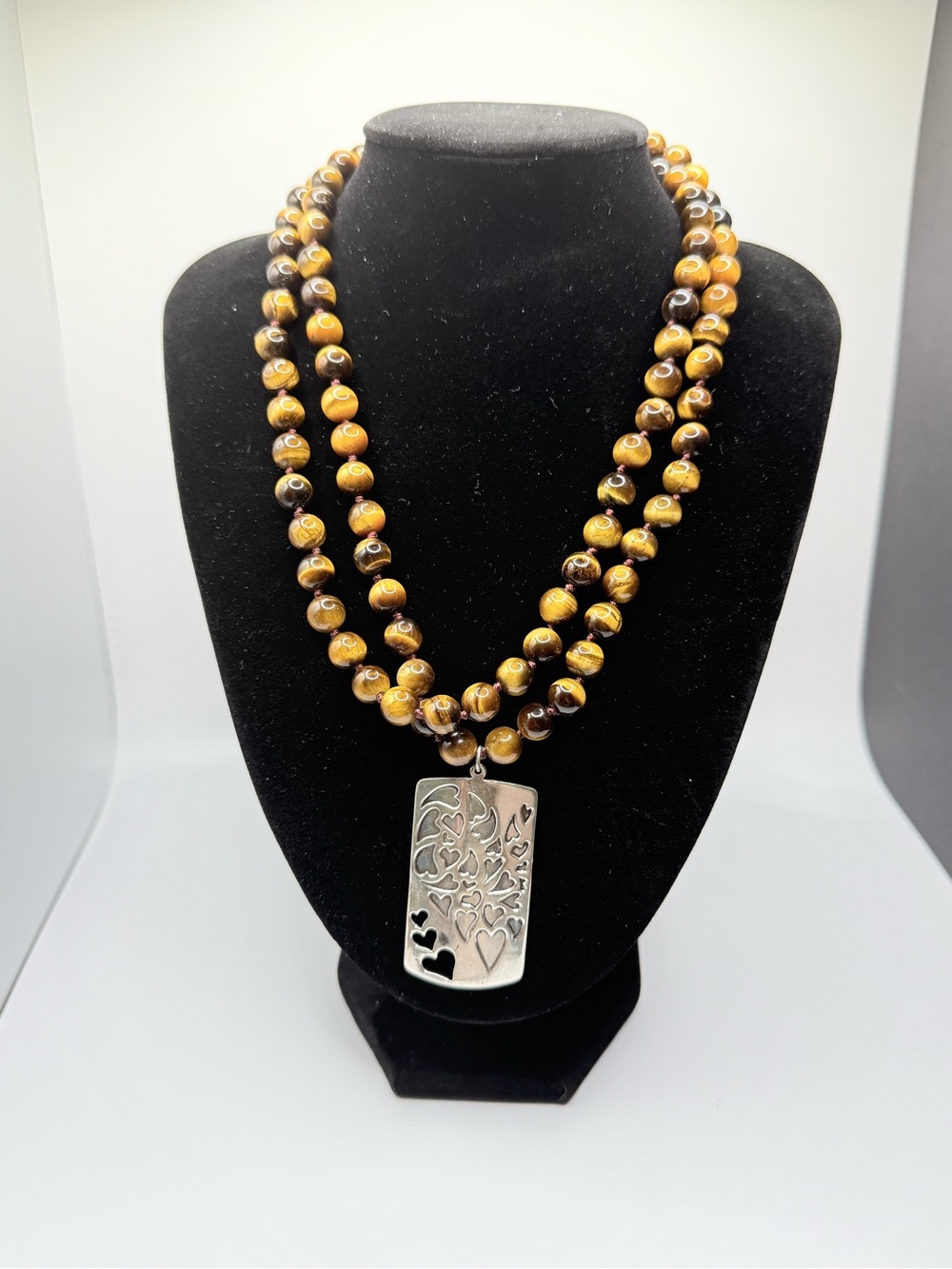 Jay King Tiger Eye Double-Strand Necklace with Silver Heart Cutout Pendant